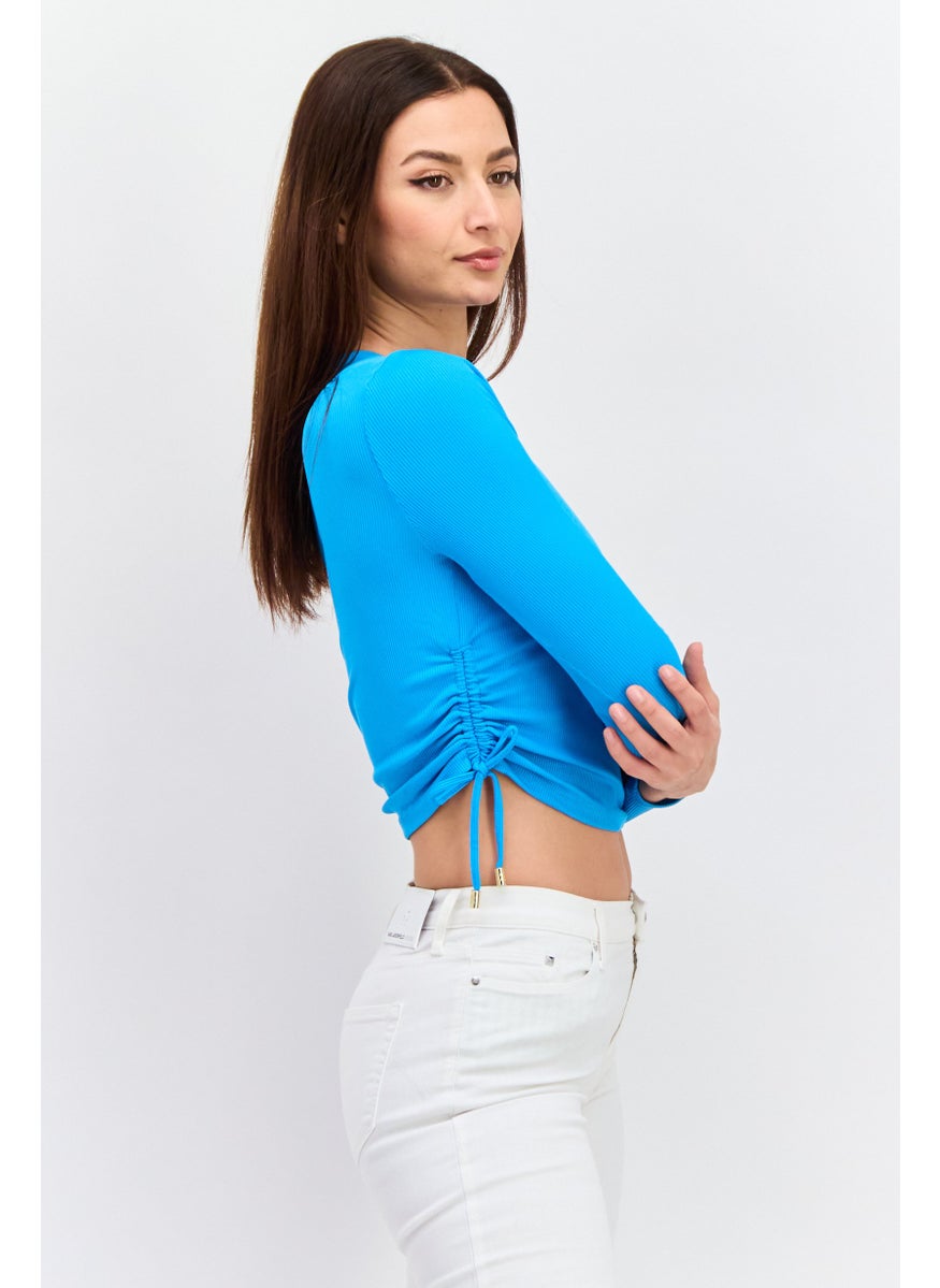 RIVER ISLAND Women Petite Crew Neck Long Sleeve Textured Crop Top, Blue  - Image 2