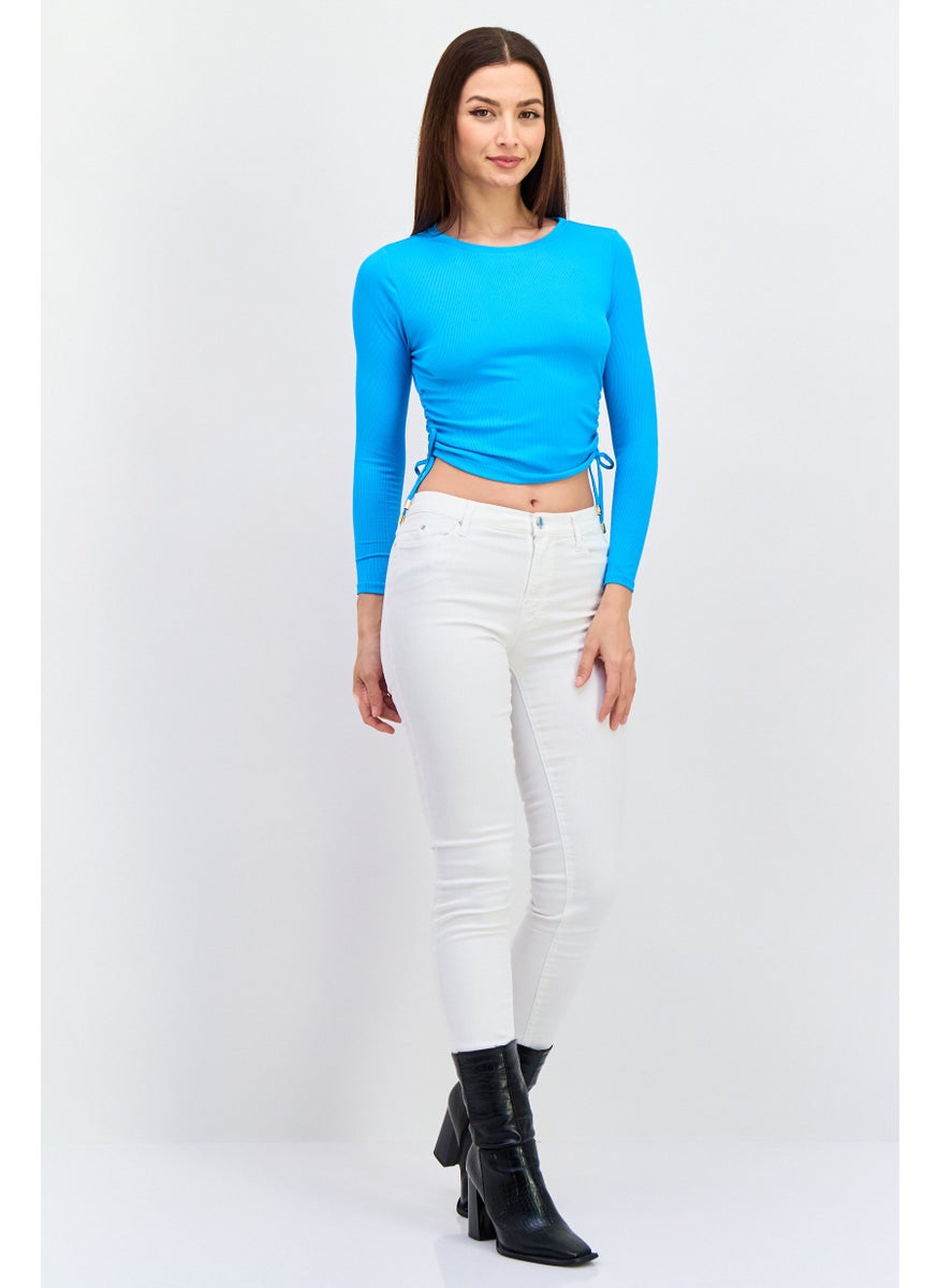 RIVER ISLAND Women Petite Crew Neck Long Sleeve Textured Crop Top, Blue  - Image 4