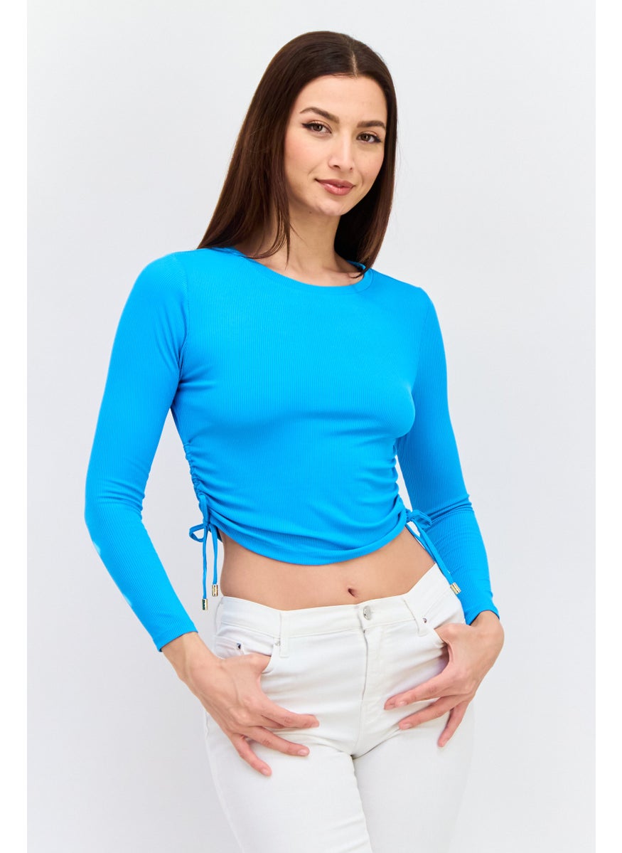 RIVER ISLAND Women Petite Crew Neck Long Sleeve Textured Crop Top, Blue  - Image 1