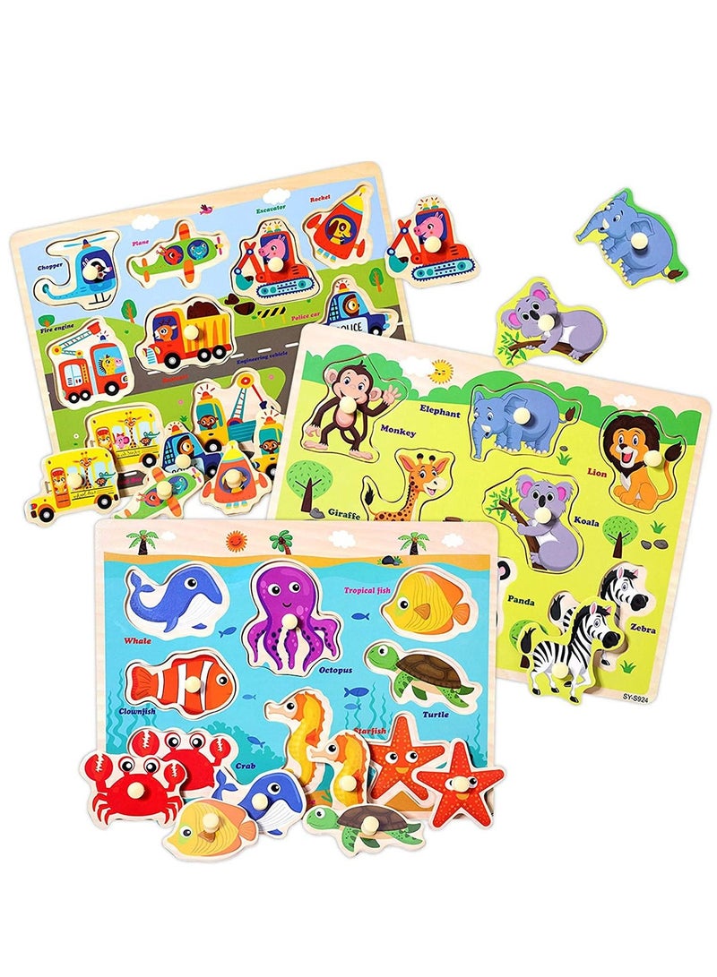 Wooden Peg Puzzles for Toddlers Kids Educational Learning Toys Preeschool Peg Puzzles Toy 3 Pcs Toddler Puzzles Set Traffic Animals and Ocean Great Gift for Girls and Boys - Image 1