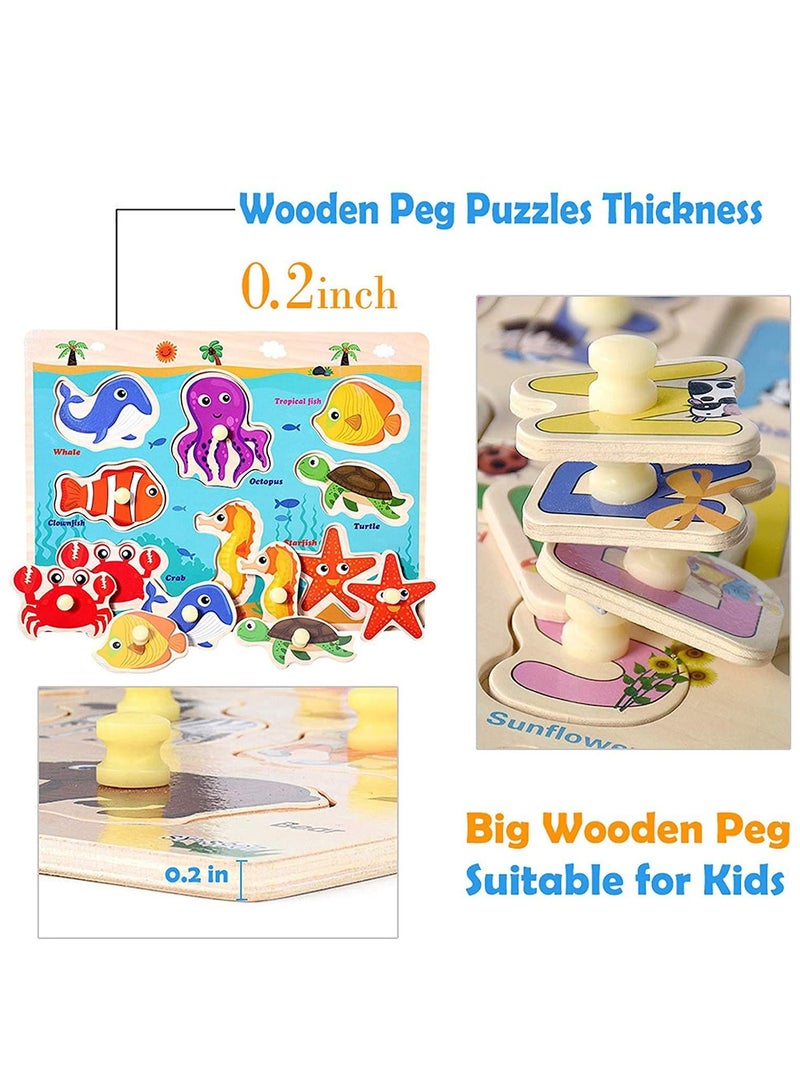 Wooden Peg Puzzles for Toddlers Kids Educational Learning Toys Preeschool Peg Puzzles Toy 3 Pcs Toddler Puzzles Set Traffic Animals and Ocean Great Gift for Girls and Boys - Image 4
