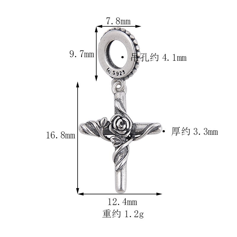 S925 Silver Rose Vine Cross Pendant Vintage DIY Bracelet Charm 1# 