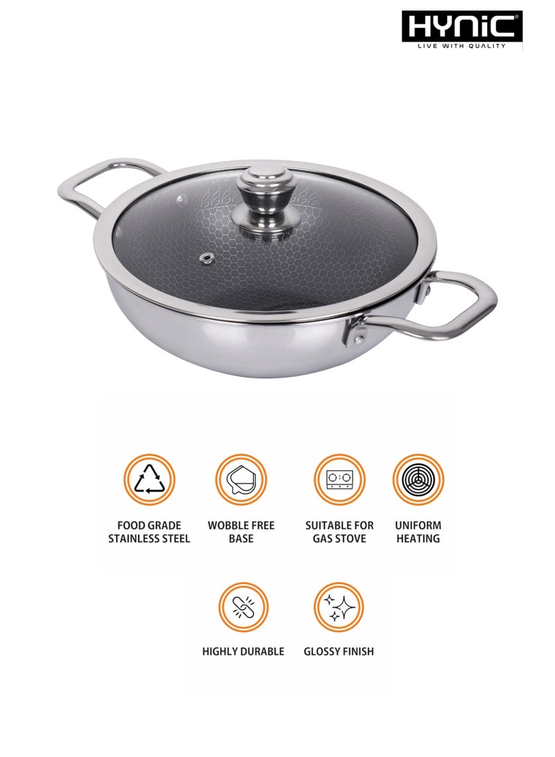 Hynic Tri-Ply Stainless Steel Kadai (28cm) with Glass Lid, Honeycomb Non-Stick Scratch-Resistant Surface, Induction Compatible, Durable & Dishwasher Safe - Image 4