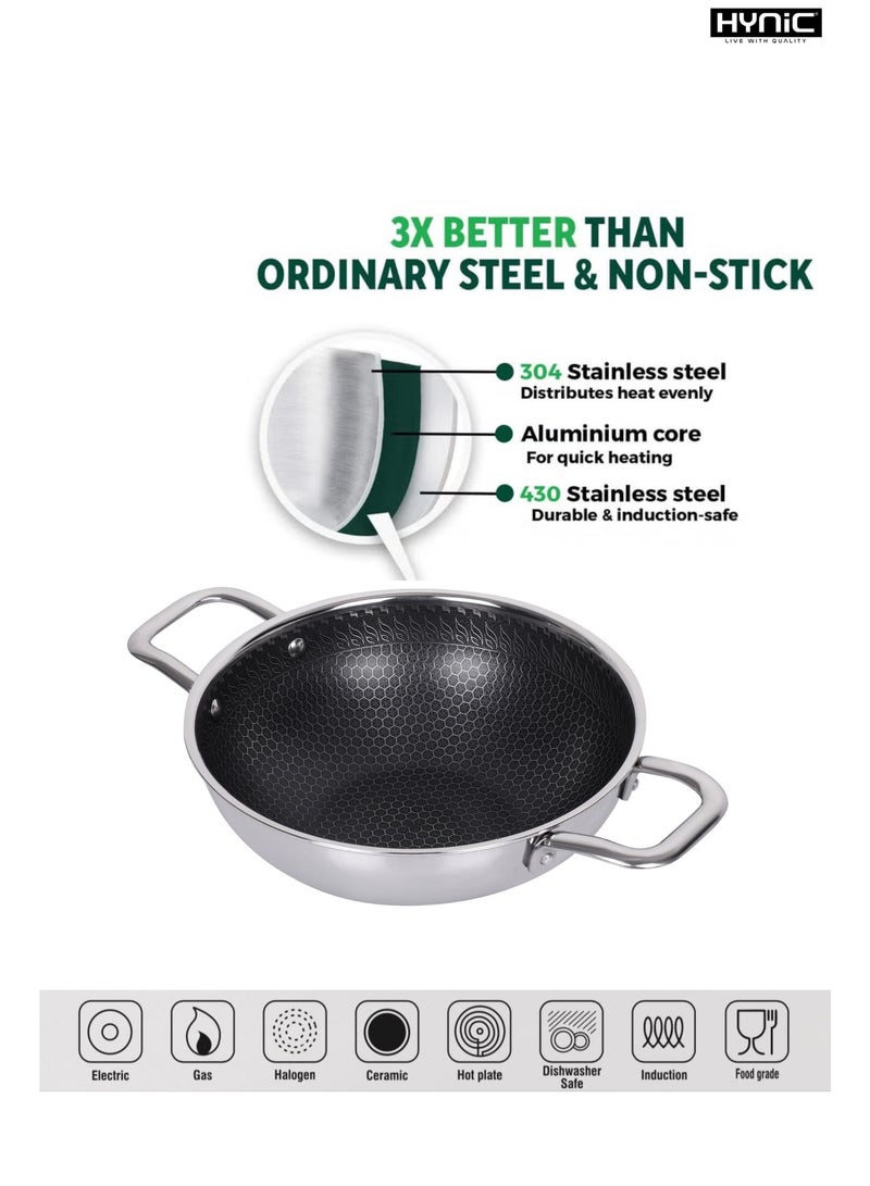 Hynic Tri-Ply Stainless Steel Kadai (28cm) with Glass Lid, Honeycomb Non-Stick Scratch-Resistant Surface, Induction Compatible, Durable & Dishwasher Safe - Image 2