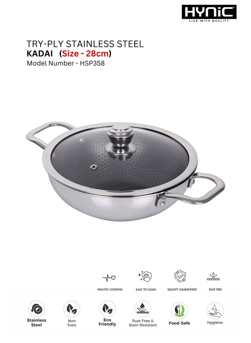 Hynic Tri-Ply Stainless Steel Kadai (28cm) with Glass Lid, Honeycomb Non-Stick Scratch-Resistant Surface, Induction Compatible, Durable & Dishwasher Safe - Image 3