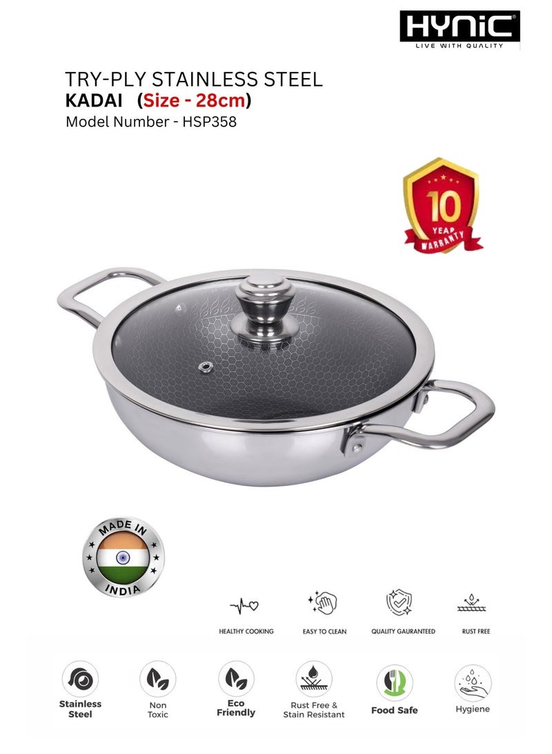 Hynic Tri-Ply Stainless Steel Kadai (28cm) with Glass Lid, Honeycomb Non-Stick Scratch-Resistant Surface, Induction Compatible, Durable & Dishwasher Safe - Image 1