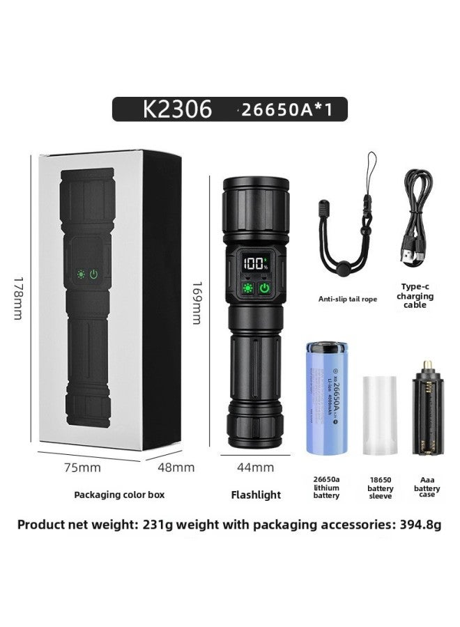 New Outdoor Strong Flashlight 30W White Laser COB Side Light With Digital Display Retractable Focusing High-power Flashlight 