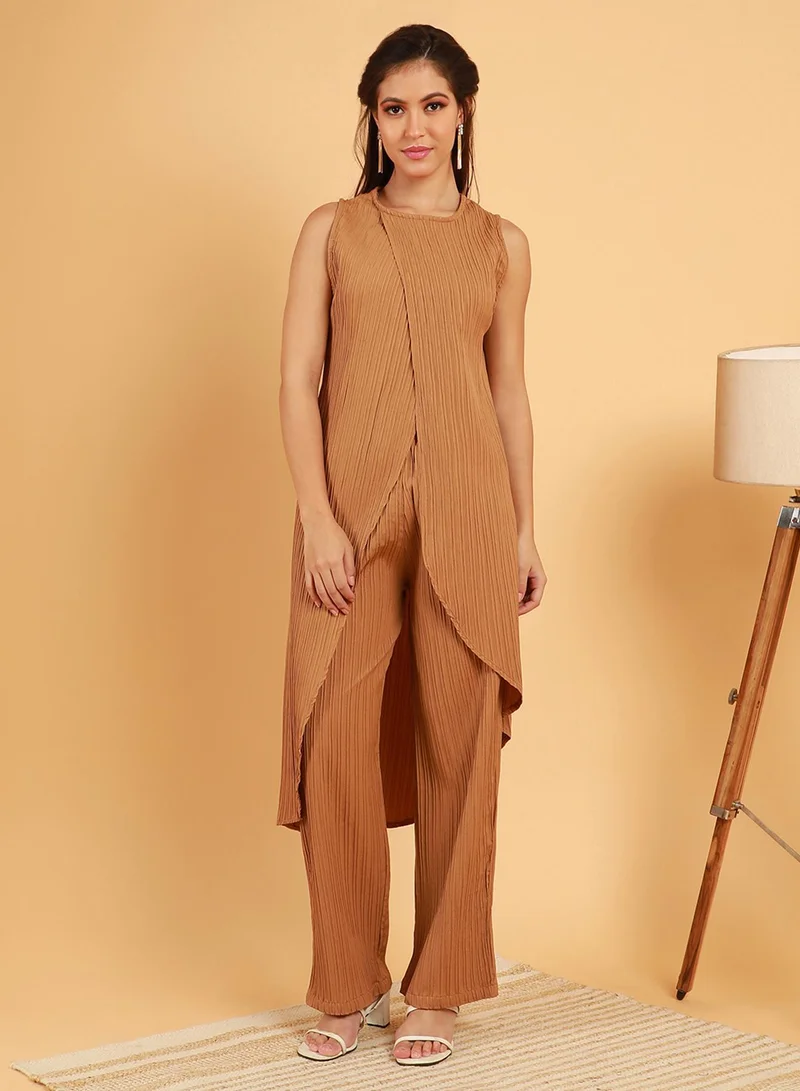  قصة Women's Camel Beige Textured Wrap Kurta With Trousers