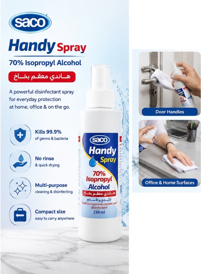 Handy Alcohol Spray 250ML with 70% Isopropyl Sanitizer Disinfectant for Hand and Surface - Image 2
