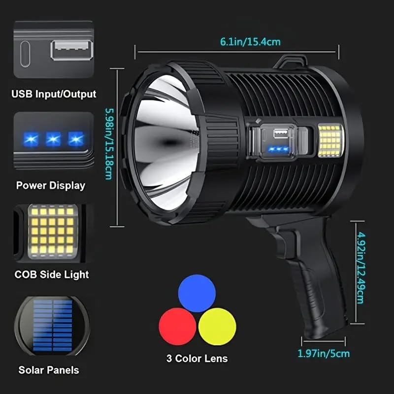 waqif Super Bright Rechargeable Spotlight Flashlight Handheld Spotlight Waterproof Flashlight for Outdoor Hunting Camping Portable Solar Searchlight for Home Outdoor - Image 4