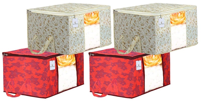 Kuber Industries Metalic Printed 4 Piece Non Woven Fabric Underbed Storage BagCloth OrganiserBlanket Cover with Transparent Window Brown Red CTKTC41103 - Image 1