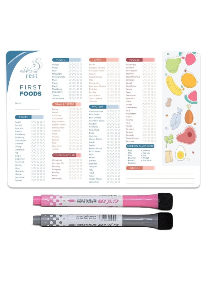 Nibble and Rest Baby's First Foods Tracker Fridge Magnet, Dry Erase Activity Poster, Daily Food Log, 101 Before One, Baby Food Chart/Checklist 25x35cm - Image 1
