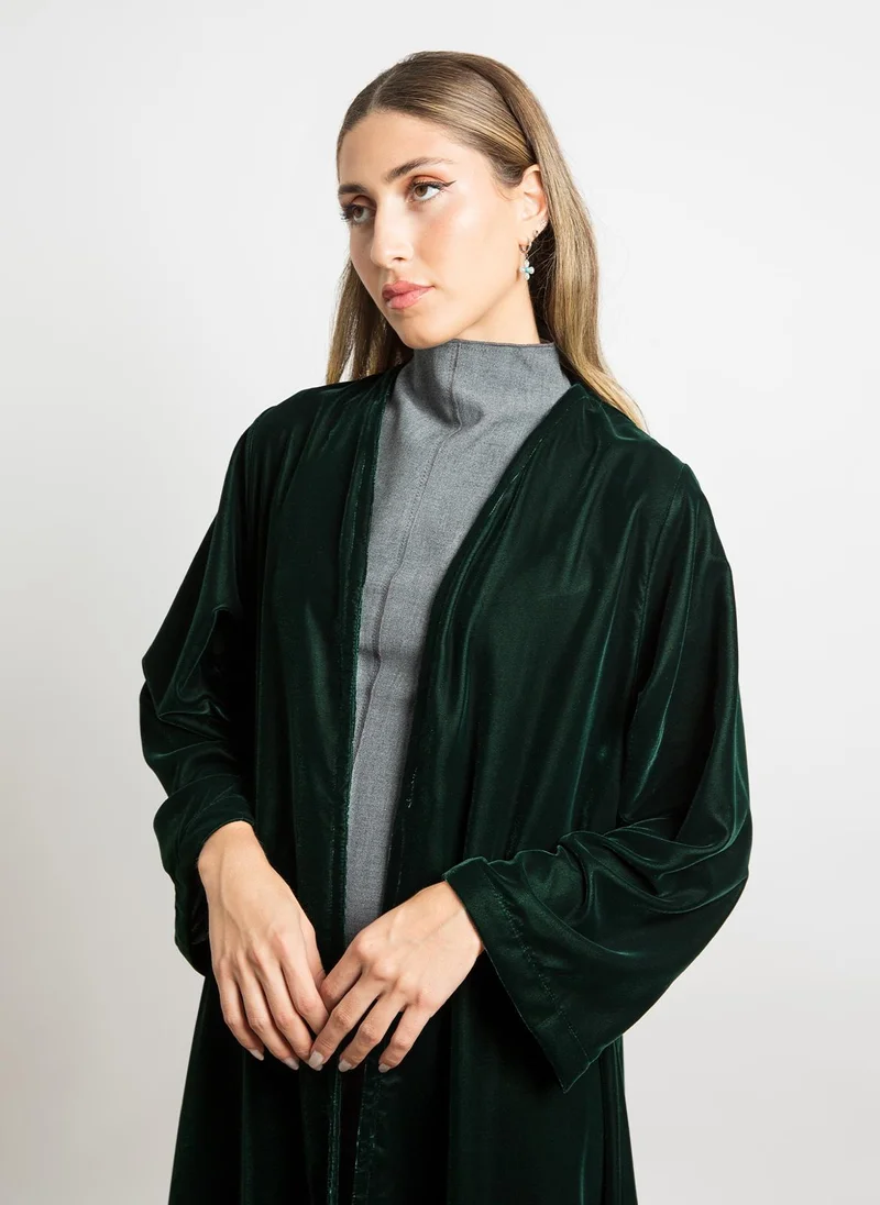 Kaafmeem Green - A Cut Long Open Half Cloche Abaya in Velvet