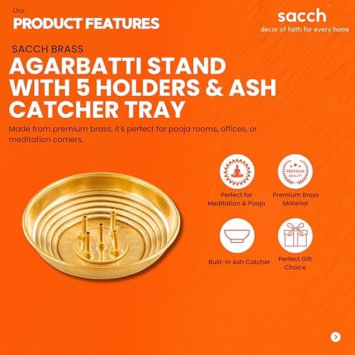 SACCH Pure Brass Agarbatti Stand with 5 Holes | 9.8cm Wide Ash Catcher Tray | Mess-Free Incense Holder for Pooja & Gifting | Small Brass Pooja Accessories (Standard ~35g, Pack of 1) - Image 5