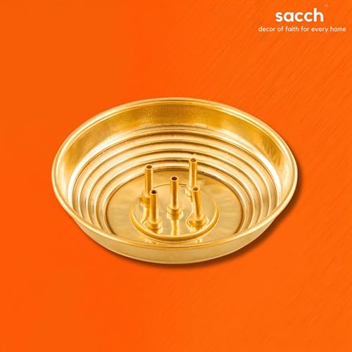 SACCH Pure Brass Agarbatti Stand with 5 Holes | 9.8cm Wide Ash Catcher Tray | Mess-Free Incense Holder for Pooja & Gifting | Small Brass Pooja Accessories (Standard ~35g, Pack of 1) - Image 2