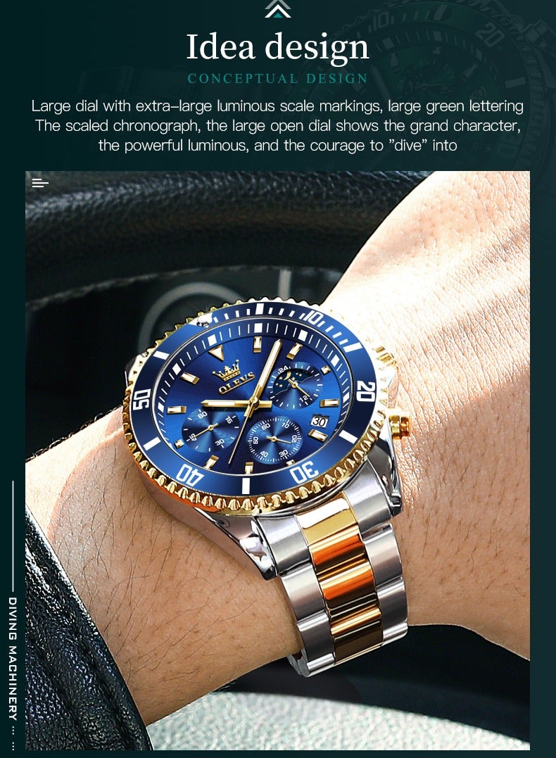 OLEVS Watches for Men Quartz Water Resistant Watch 42mm  2870 GOLD/BLUD - Image 5