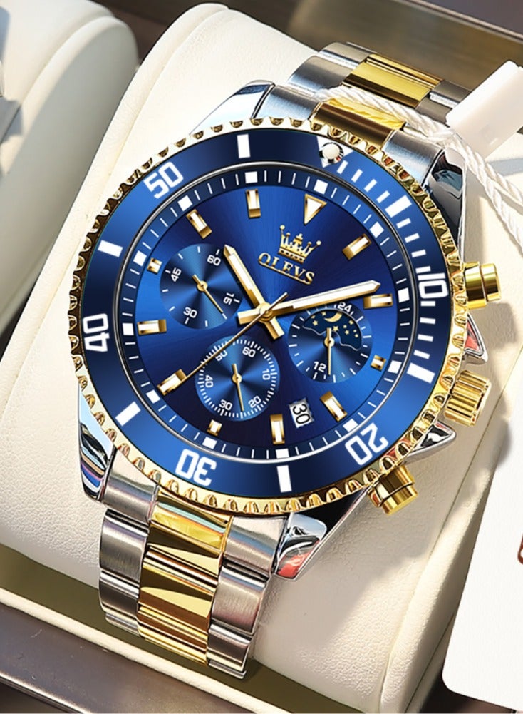 OLEVS Watches for Men Quartz Water Resistant Watch 42mm  2870 GOLD/BLUD - Image 2