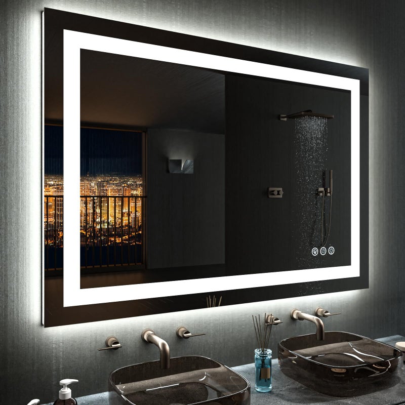 مرآة حمام LED LOAAO 48X36 مع أضواء مضادة للضباب قابلة للتعتيم بإضاءة خلفية RGB وواجهة مضاءة لوحدة الحمام مع وظيفة الذاكرة