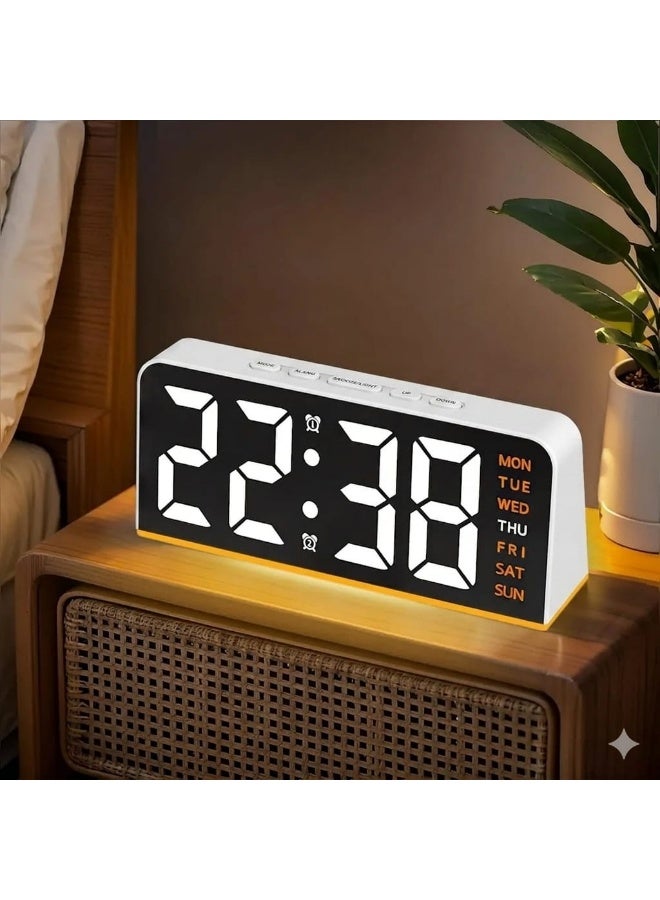 LED digital alarm clock with backlight, displays time, date, and temperature, night light, snooze function, modern desktop design, battery memory, and automatic brightness sensor. Electric powered (orange). - Image 3