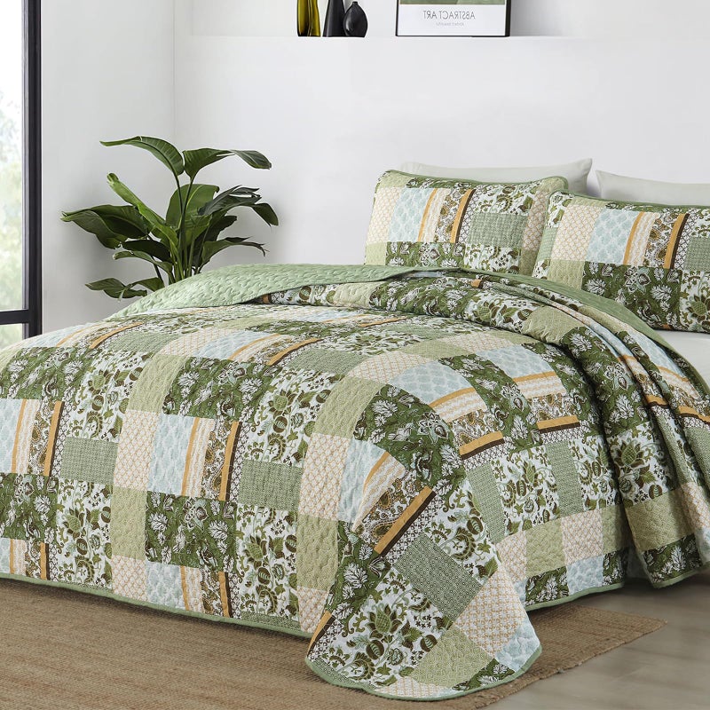 WONGS BEDDING Quilt Set Queen Size Green, 3 Pieces Patchwork Plaid Bedspread Coverlet Set, Floral Soft Microfiber Bedding Set for All Season(96"Ã—90â€œ) - Image 1