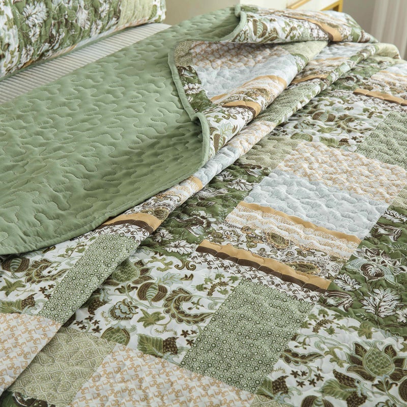 WONGS BEDDING Quilt Set Queen Size Green, 3 Pieces Patchwork Plaid Bedspread Coverlet Set, Floral Soft Microfiber Bedding Set for All Season(96"Ã—90â€œ) - Image 5