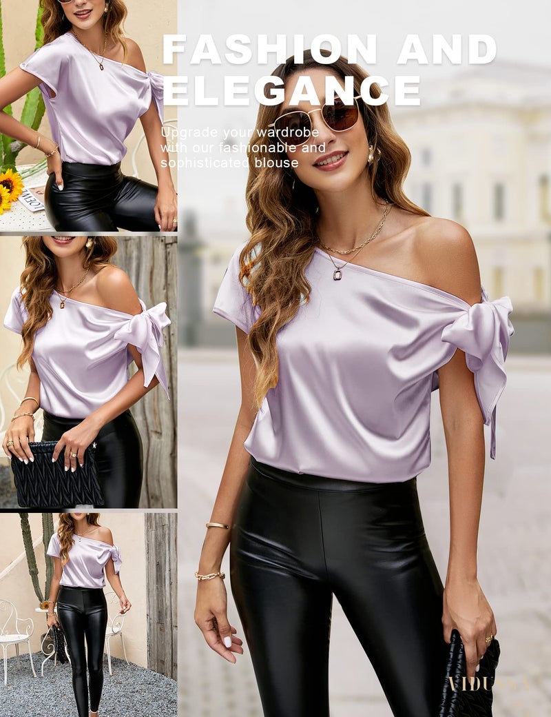 VIDUSSA Women's Off Shoulder Silk Tops Casual Short Sleeve Asymmetrical Neck Satin Blouse Shirts Light Purple M - Image 4