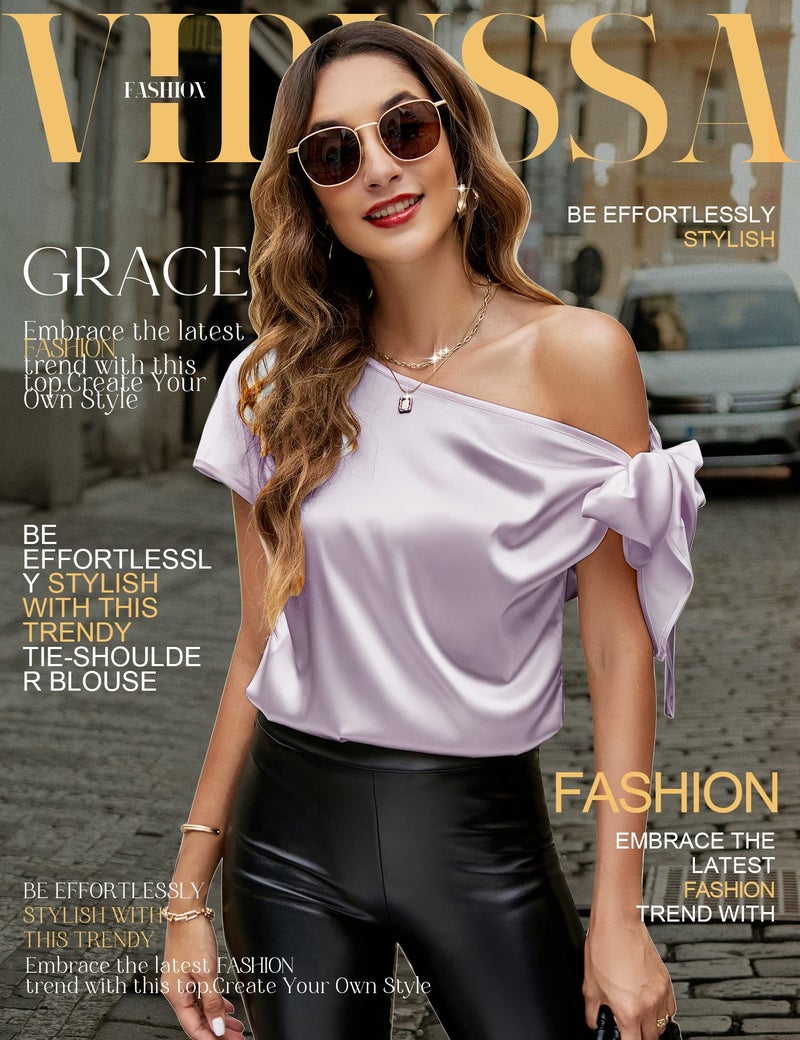 VIDUSSA Women's Off Shoulder Silk Tops Casual Short Sleeve Asymmetrical Neck Satin Blouse Shirts Light Purple M - Image 2