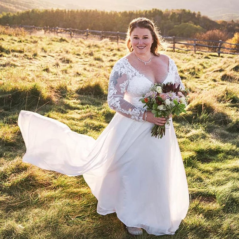 Findlovewedding فستان زفاف Findlovewedding للعروس 2023 مع تطبيقات الدانتيل فستان شيفون A Line للنساء بأكمام طويلة فستان عروس شاطئي US4 عاجي - Image 2