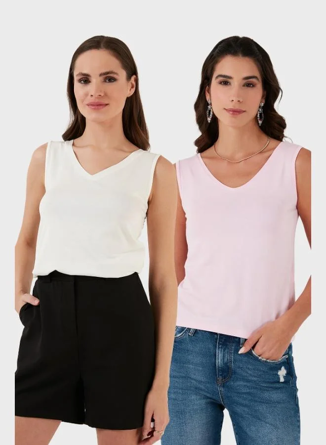 Lela Lela Slim Fit V-Neck Thick Strap 2-Pack Blouse Women's Blouse 5864384S2