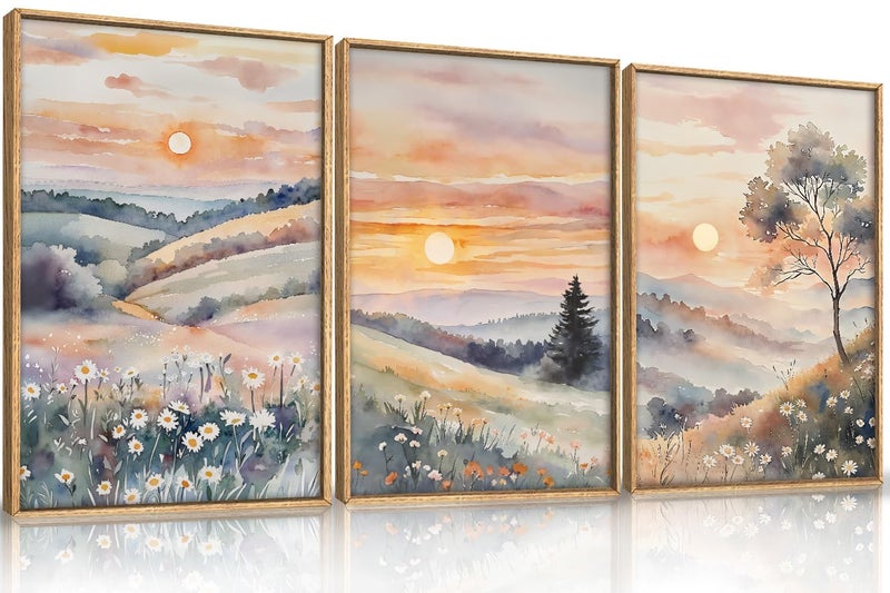 Ausril Pink Boho Sunset Framed Canvas Wall Art Set, Watercolor Sunrise Wildflower Wall Decor, Pink Nature Wall Painting, Botanical Flower Art Print for Living Room, Bedroom, Office, Hallway 16"X24"X3 - Image 1