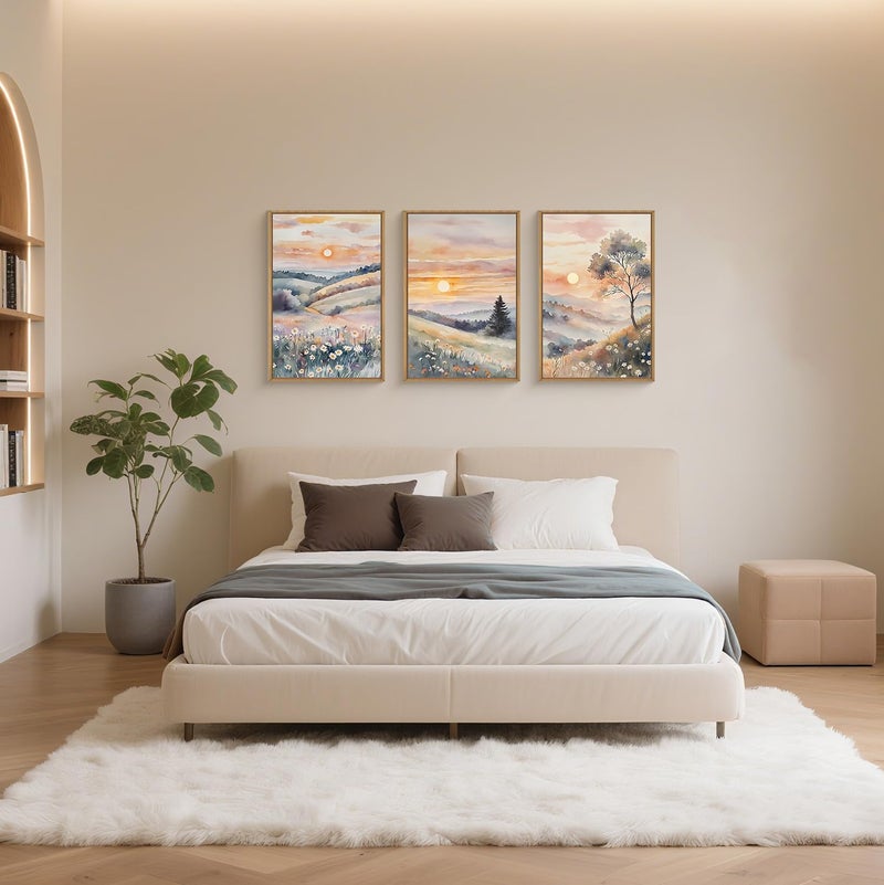 Ausril Pink Boho Sunset Framed Canvas Wall Art Set, Watercolor Sunrise Wildflower Wall Decor, Pink Nature Wall Painting, Botanical Flower Art Print for Living Room, Bedroom, Office, Hallway 16"X24"X3 - Image 3
