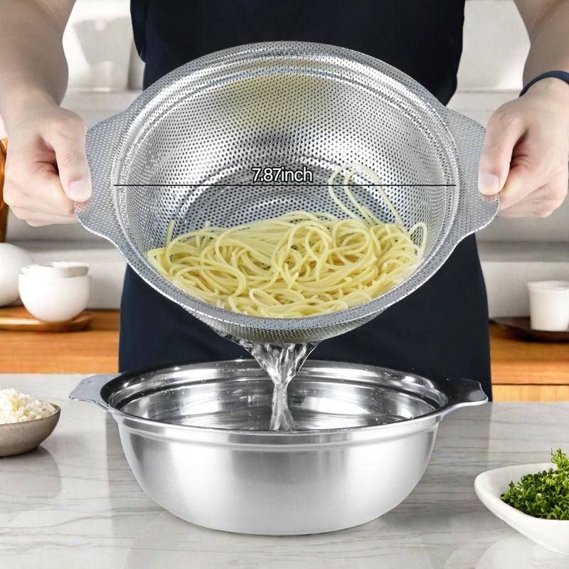 POPGRADE Stainless Steel Colander for Kitchen, 2.5QT Rice Washer Strainer with Mixing Bowl, Colander Bowl Set with Microporous for Washing Rice, Pasta, Spaghetti, Fruits, Dishwasher Safe(2PC) - Image 2