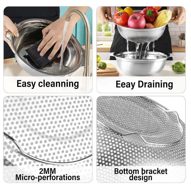 POPGRADE Stainless Steel Colander for Kitchen, 2.5QT Rice Washer Strainer with Mixing Bowl, Colander Bowl Set with Microporous for Washing Rice, Pasta, Spaghetti, Fruits, Dishwasher Safe(2PC) - Image 5