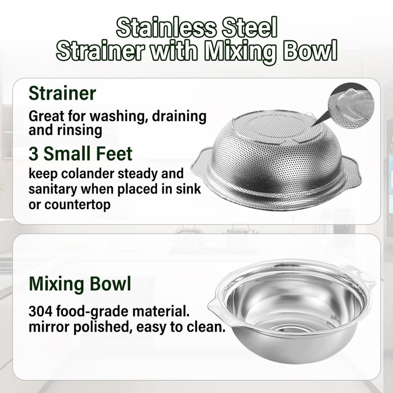 POPGRADE Stainless Steel Colander for Kitchen, 2.5QT Rice Washer Strainer with Mixing Bowl, Colander Bowl Set with Microporous for Washing Rice, Pasta, Spaghetti, Fruits, Dishwasher Safe(2PC) - Image 3