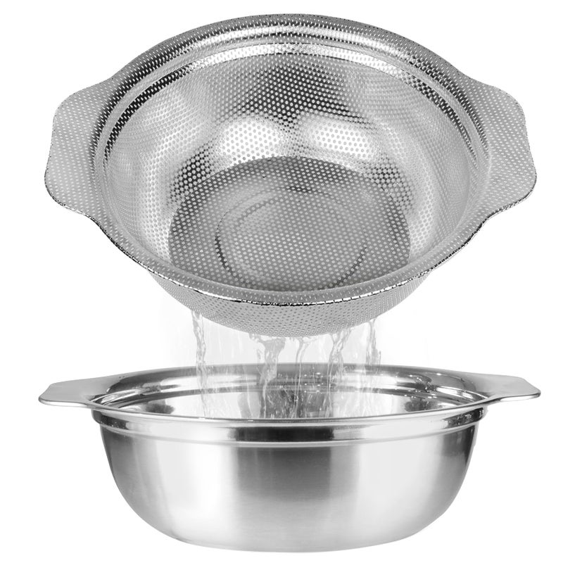 POPGRADE Stainless Steel Colander for Kitchen, 2.5QT Rice Washer Strainer with Mixing Bowl, Colander Bowl Set with Microporous for Washing Rice, Pasta, Spaghetti, Fruits, Dishwasher Safe(2PC) - Image 1