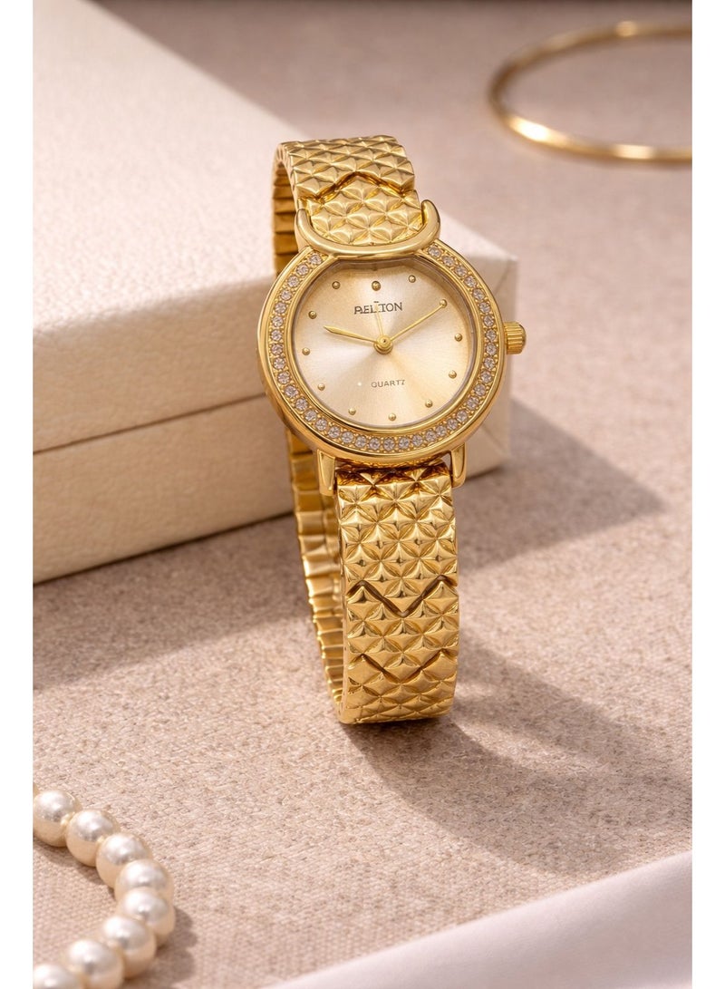 أستون ساعة يد نسائية ذهبية أنيقة بسوار معدني مزخرف وحركة كوارتز دقيقة تصميم كلاسيكي مناسب للاستخدام اليومي والمناسبات - Image 2