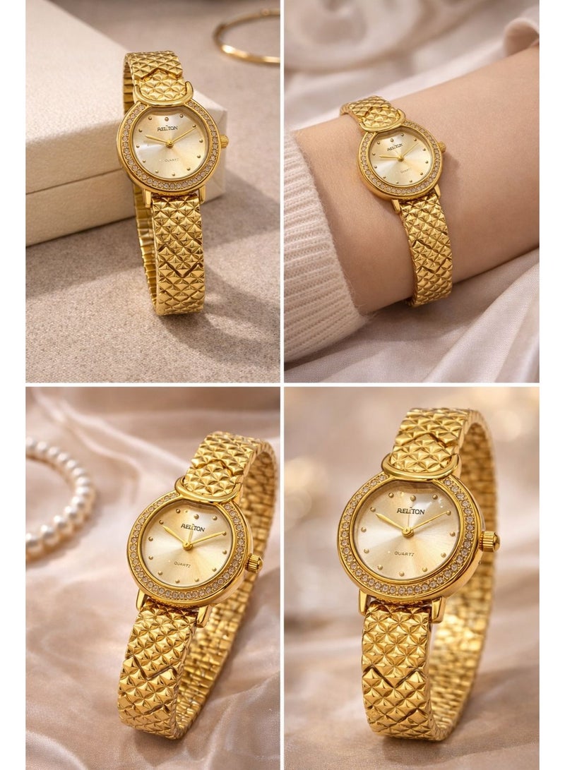 أستون ساعة يد نسائية ذهبية أنيقة بسوار معدني مزخرف وحركة كوارتز دقيقة تصميم كلاسيكي مناسب للاستخدام اليومي والمناسبات - Image 4