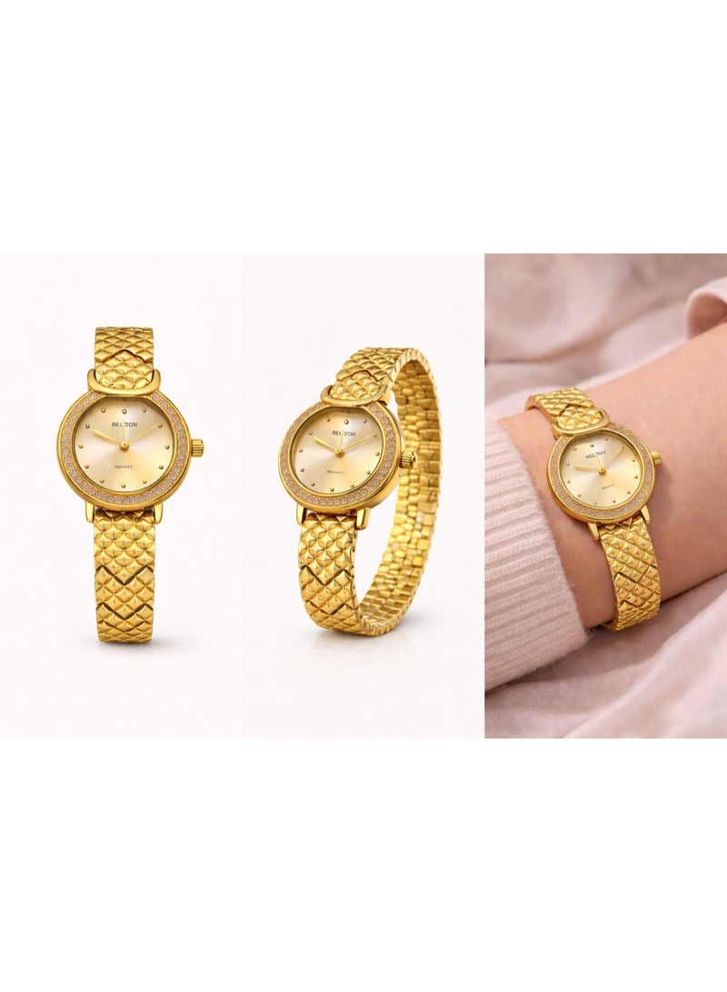 أستون ساعة يد نسائية ذهبية أنيقة بسوار معدني مزخرف وحركة كوارتز دقيقة تصميم كلاسيكي مناسب للاستخدام اليومي والمناسبات - Image 3