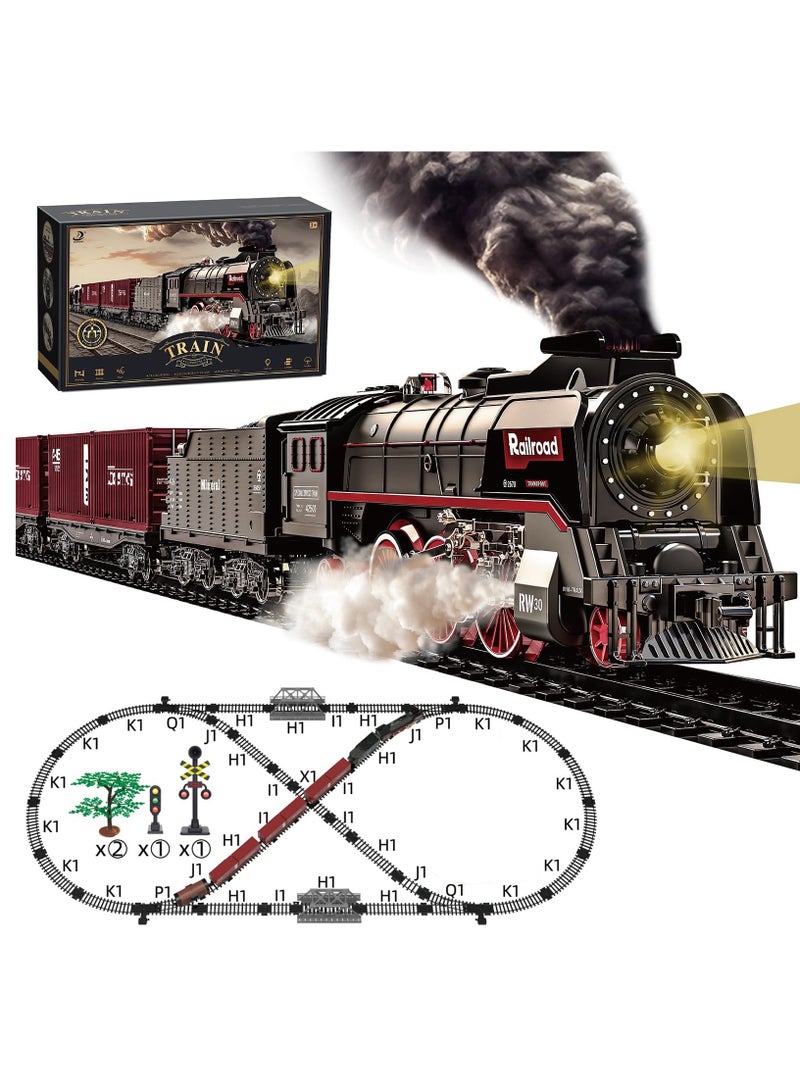 XiuWoo Train Set for Kids, Electric Train Toys with Realistic Light Sounds Smoke, Train Model Gifts for Toddlers Boys Girls, Steam Locomotive, Luxury Track 3 Truck Carriages  - Image 1