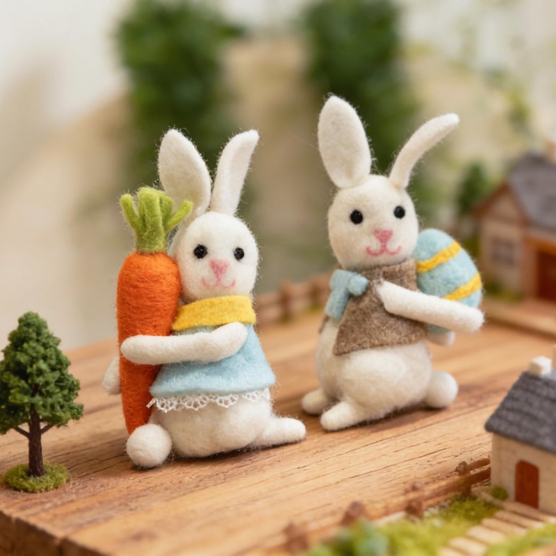 NEROSUN 2 Pack Easter Bunny Figurines, 5.3 inch Plush Rabbit Ornaments with Carrots and Eggs, Cute Bunny Stuffed Animal Decor for Spring Themed Tabletop, Easter Basket and Holiday Party - Image 3