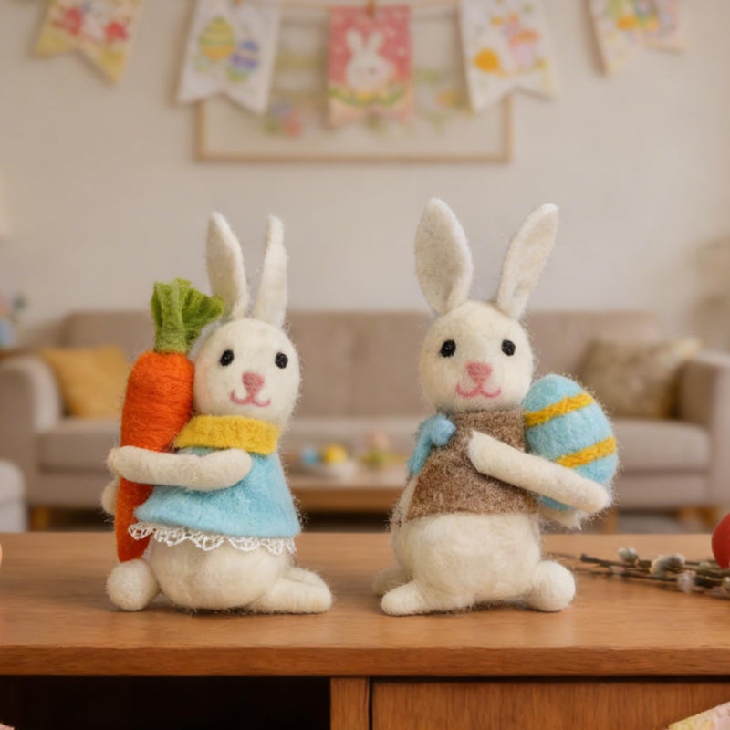 NEROSUN 2 Pack Easter Bunny Figurines, 5.3 inch Plush Rabbit Ornaments with Carrots and Eggs, Cute Bunny Stuffed Animal Decor for Spring Themed Tabletop, Easter Basket and Holiday Party - Image 2