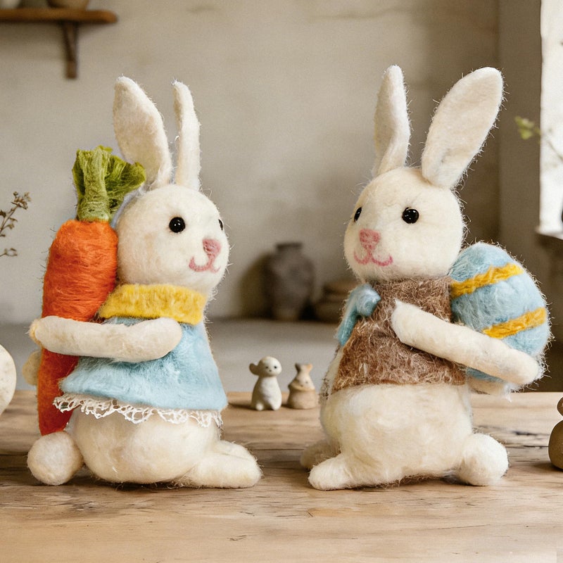 NEROSUN 2 Pack Easter Bunny Figurines, 5.3 inch Plush Rabbit Ornaments with Carrots and Eggs, Cute Bunny Stuffed Animal Decor for Spring Themed Tabletop, Easter Basket and Holiday Party - Image 1