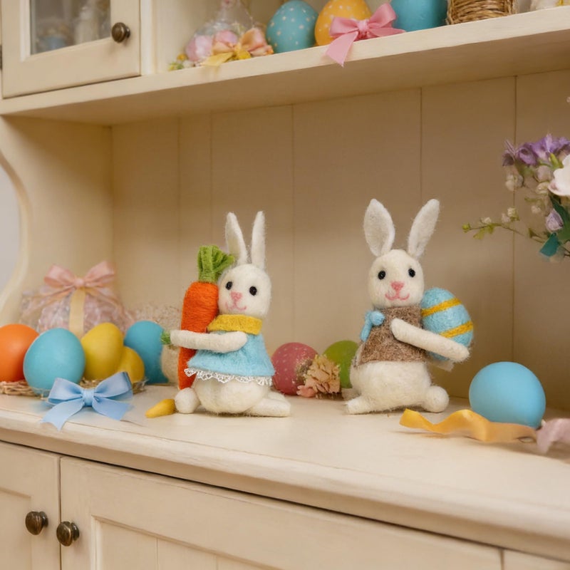 NEROSUN 2 Pack Easter Bunny Figurines, 5.3 inch Plush Rabbit Ornaments with Carrots and Eggs, Cute Bunny Stuffed Animal Decor for Spring Themed Tabletop, Easter Basket and Holiday Party - Image 4