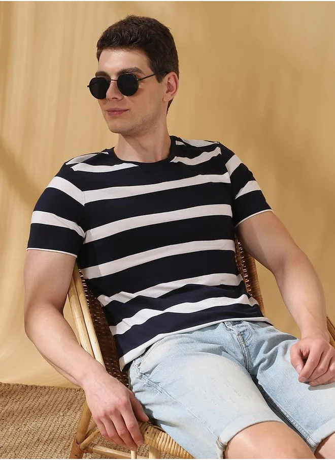 Dennis Lingo Regular Fit Stripes Navy Blazer Cotton Blend Regular Length Half Sleeves Round Neck Neckline Knitted Weave T-Shirt for Men -redefine your casual wardrobe today.