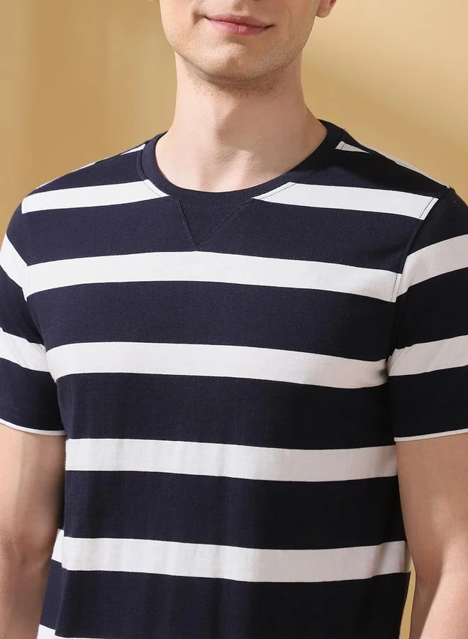 Dennis Lingo Men's Navy Blazer Cotton Blend Striped Regular Fit T-Shirt