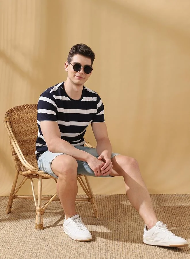 Dennis Lingo Men's Navy Blazer Cotton Blend Striped Regular Fit T-Shirt