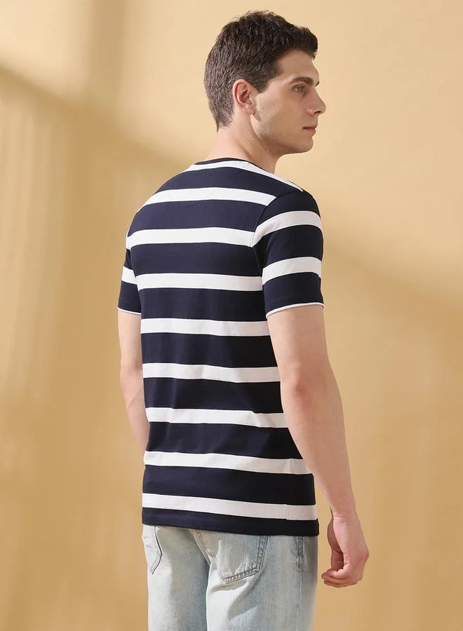 Dennis Lingo Men's Navy Blazer Cotton Blend Striped Regular Fit T-Shirt
