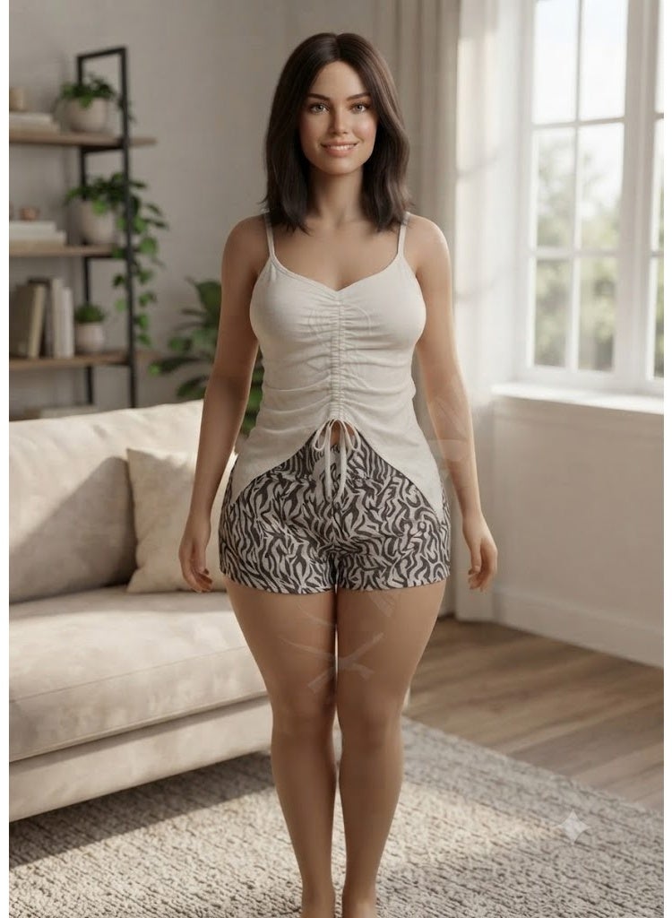 Women's Chic 2-Piece Summer Pajama Set - White Camisole Top & Patterned Lounge Shorts - Image 2