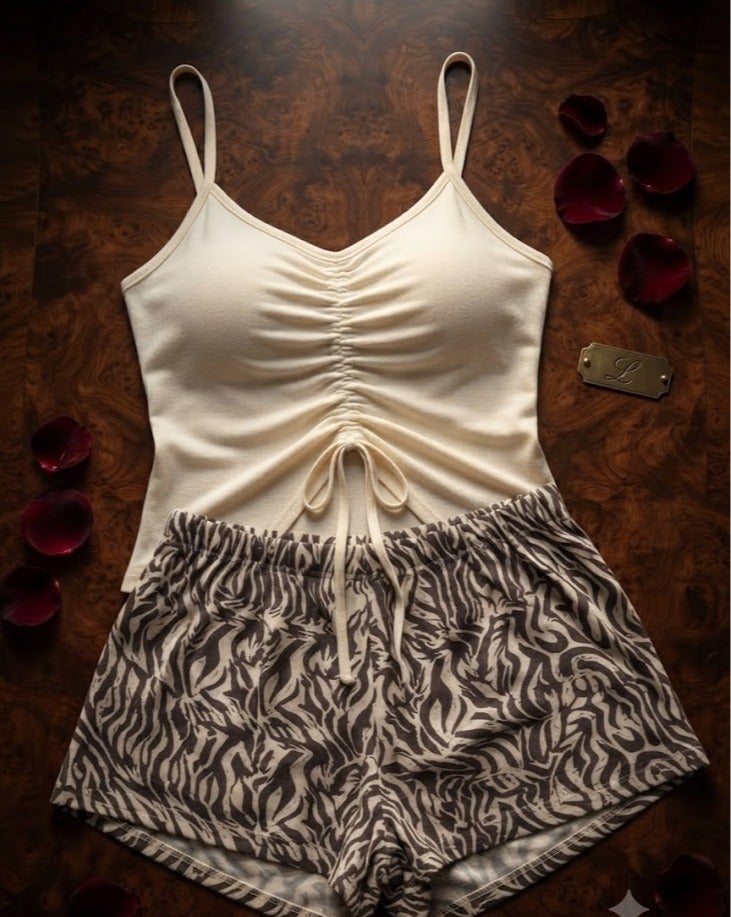 Women's Chic 2-Piece Summer Pajama Set - White Camisole Top & Patterned Lounge Shorts - Image 3