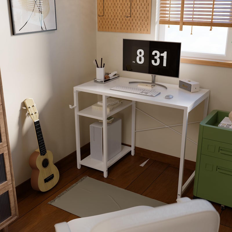 Pamray 32 Inch Small Computer Desk with Shelves, Home Office Desk with Headphone Hook for Bedroom, Study Writing PC Table for Small Spaces, White - Image 2